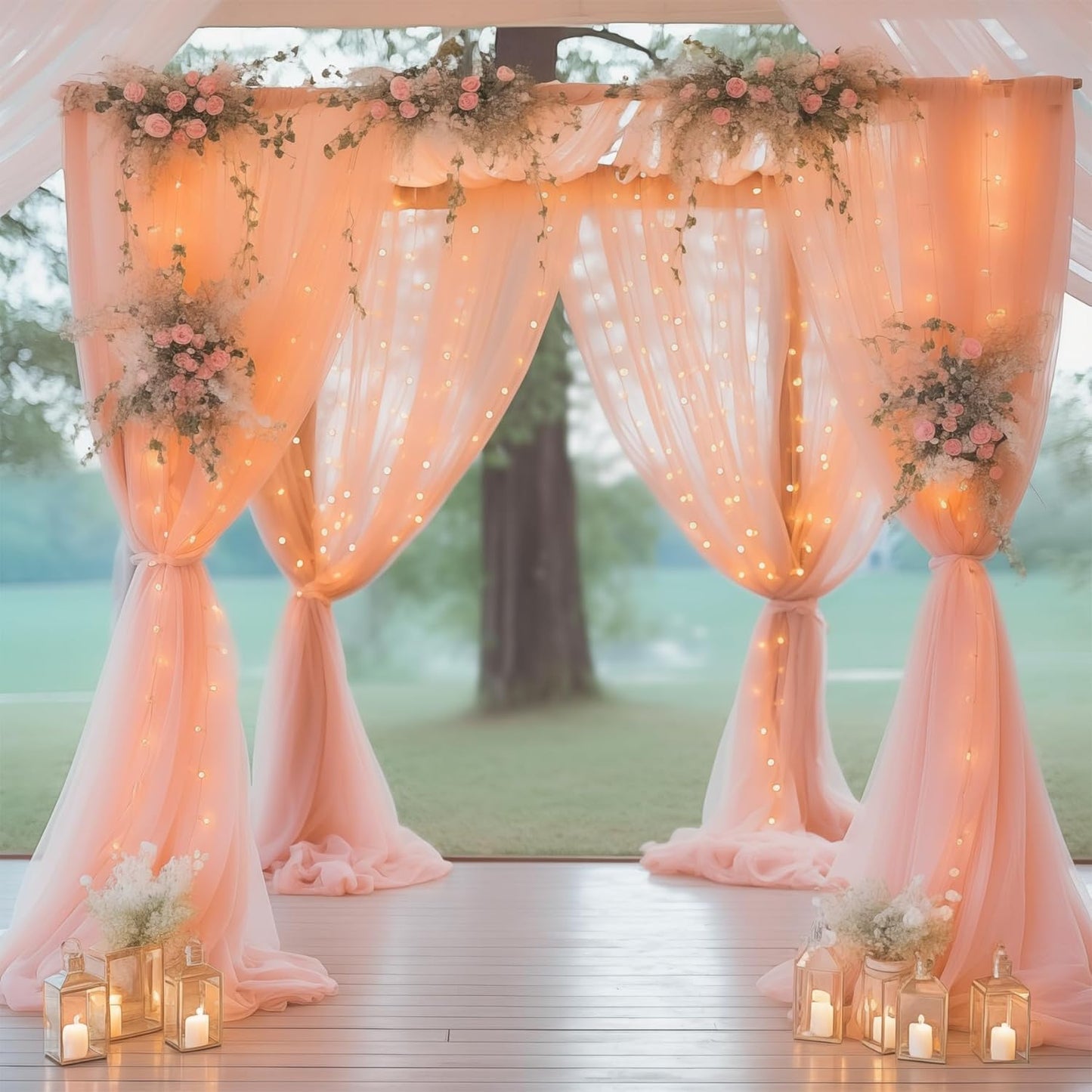 30×10ft Peach Tulle Backdrop Curtain with Lights String for Parties, Sheer Curtain Backdrop Drapes for Wedding Party Home Decorations