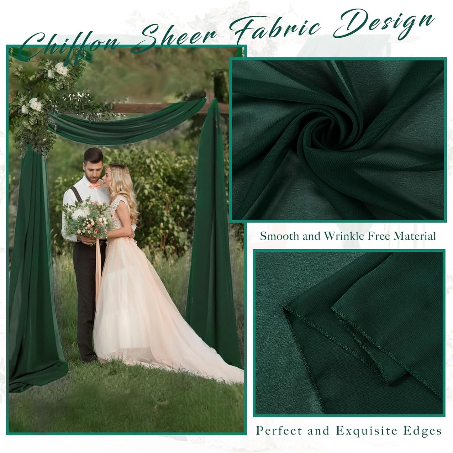 Emerald Green 2 Panels Wedding Arch Draping Fabric 20Ft Length x 28" Width Arch Drapes Chiffon Fabric Sheer Curtains Backdrop for Party Bridal Decorations Wedding Ceremony Stage Reception Decor