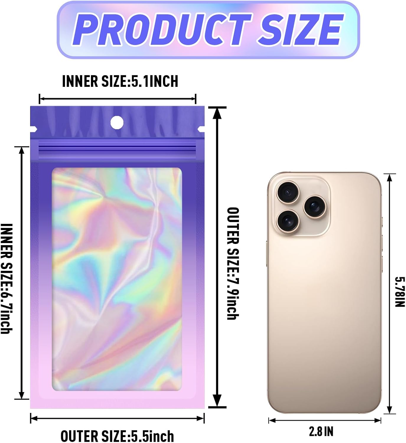 Funfery 100 Pack Gradient Holographic Bags,Mylar Resealable Bag with Zipper,Clear Window Packaging Pouchs, Smell Proof Foil Bag for Food Storage,Sample Jewelry Baggies(5.5x7.9In,Purple Pink)