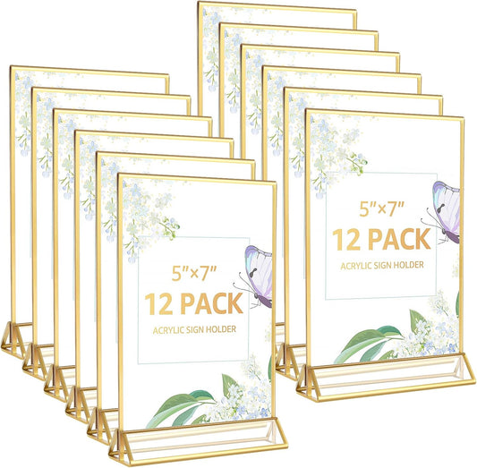 12 Pack Acrylic Sign Holder, 5x7 Inch Double-Side Gold Picture Frames Stands for Display, Vertical Table Top Sign Holders for Wedding, Party, Offices, Table Numbers, Home