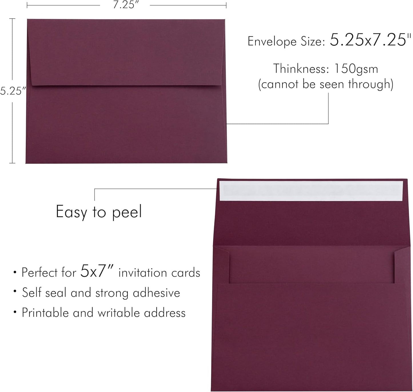 PONATIA 50PCS 5x7 Envelopes, Burgundy A7 Envelopes Self Seal for Weddings, Invitation Cards, Photos, Postcards, Greeting Cards Mailing, Baby Shower, Graduation, Christmas Gift Cards