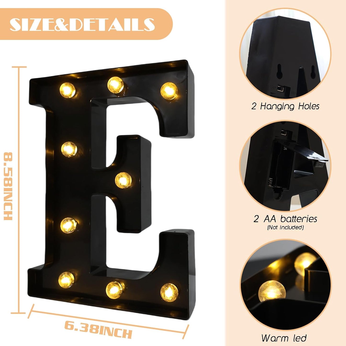 Led Marquee Letters, 8.58 Inch Black Light Up Letters, Small Led Letter Lights, Battery Powered Lighted Letterfor Table, Party, Birthday, Christmas Decor (Black, Letter E)