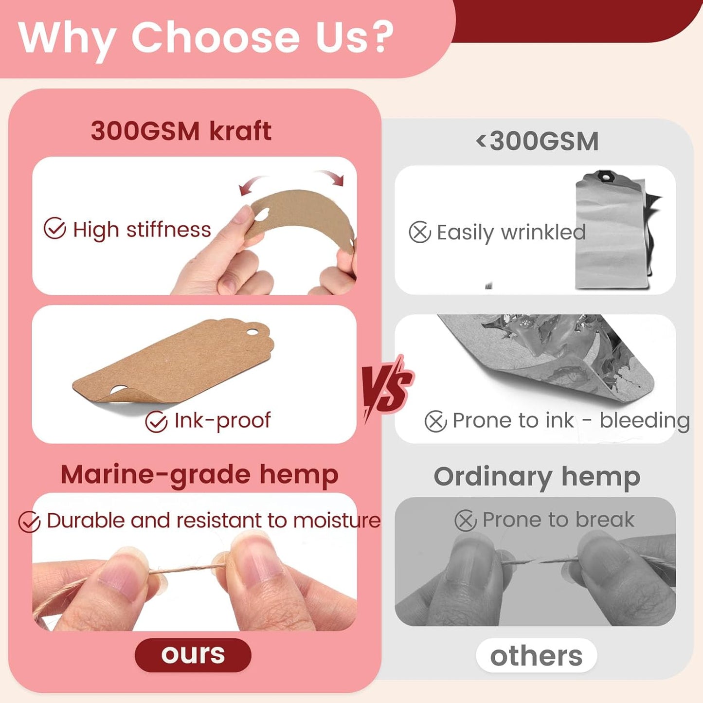 SallyFashion 200Pack Gift Tags with String Attached, 3 Different Designs White and Brown Blank Labels Gift Tags with Strings Hanging for Wedding Party Favor