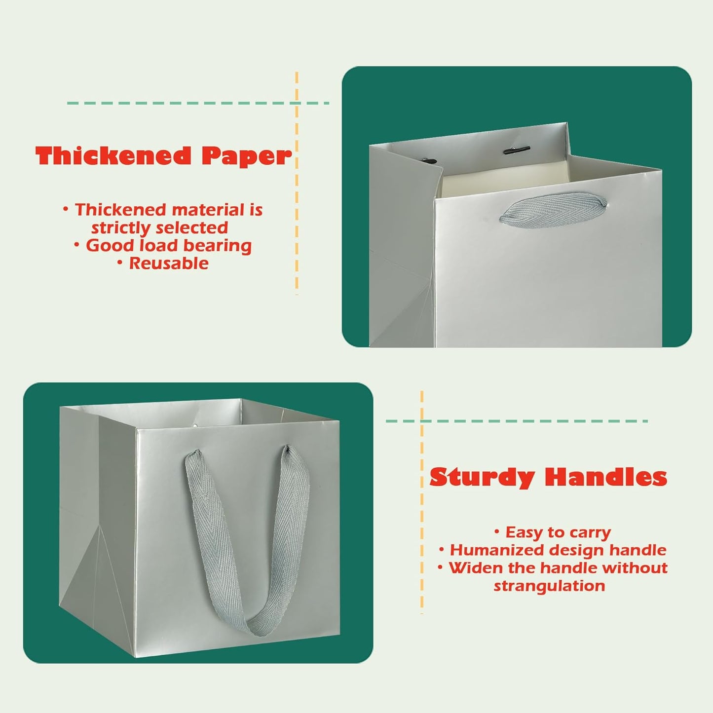 ADIDO EVA Silver Square Gift Bags Mini Size Square Bottom Paper Bags with Handles for Party Favor (4x4x4 In, 10 CT)