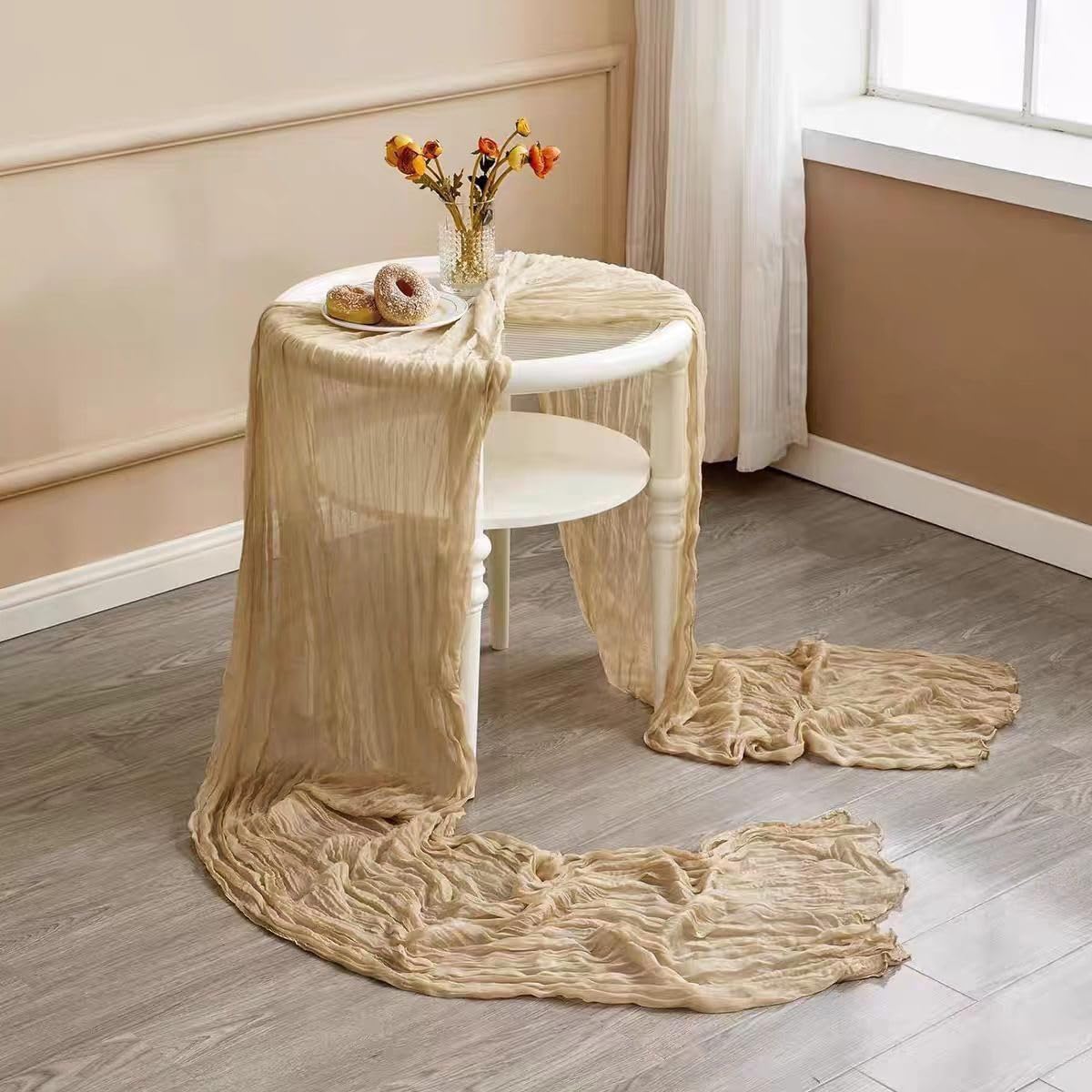 8 Pack 10Ft Beige Boho Gauze Cheesecloth Table Runner Long Wrinkled Sheer Romantic Table Cloths for Wedding Bridal Shower Birthday Party Table Decor