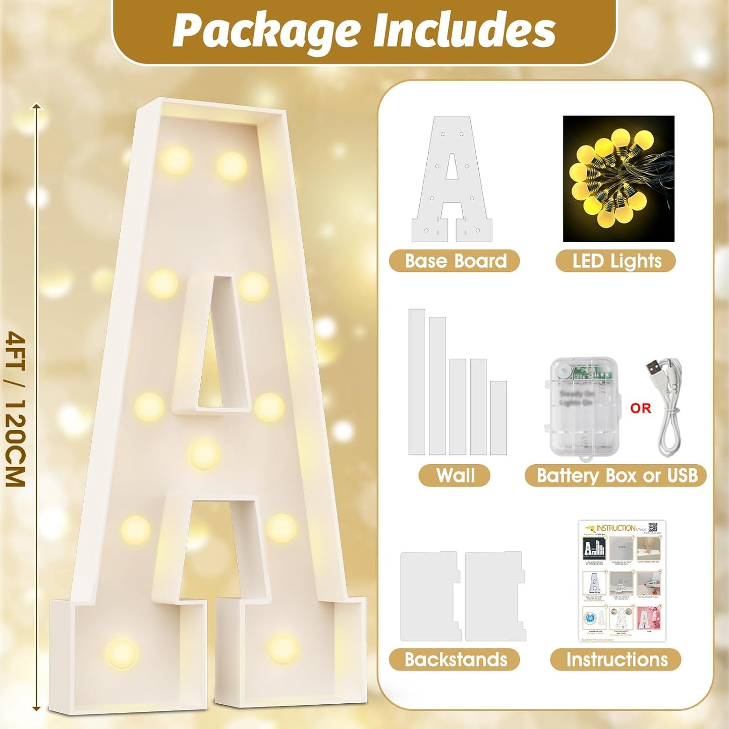 Ledido 4FT Marquee Light Up Letters Large Light Up Letters for Party Decoration, Marquee Letter for Birthday Graduation Baby Shower Wedding, Pre-cut Foam Board Assembly Required Letter T