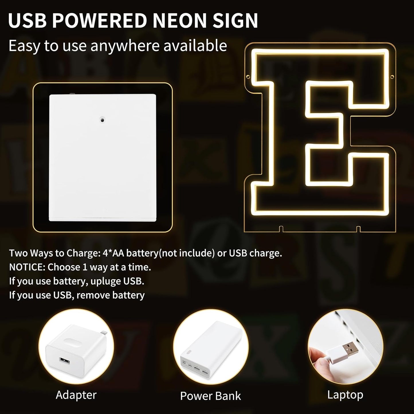 Light Up Letters E, Led Marquee Letter Lights Neon Sign, 13.9" Height Decorative Lighted Alphabet Number, Battery/USB Powered Led Letters Lights for Wedding, Birthday, Party, Christmas or Home Decor