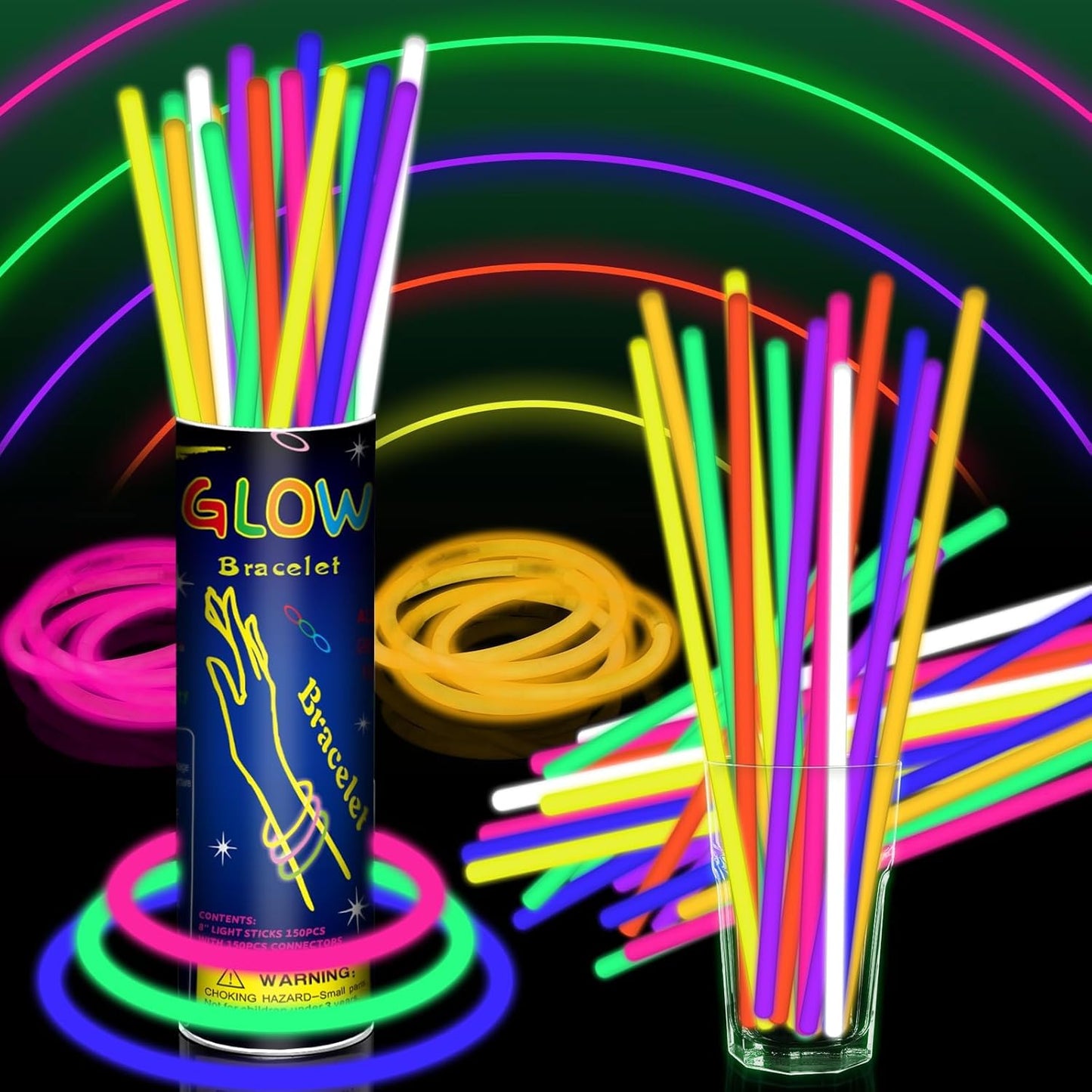 100 Pack 8” Glow Sticks Bulk with 100 Connectors Neon Glow In The Dark Party favors Supplies for Holiday Birthday Party Decoration (Colorful)