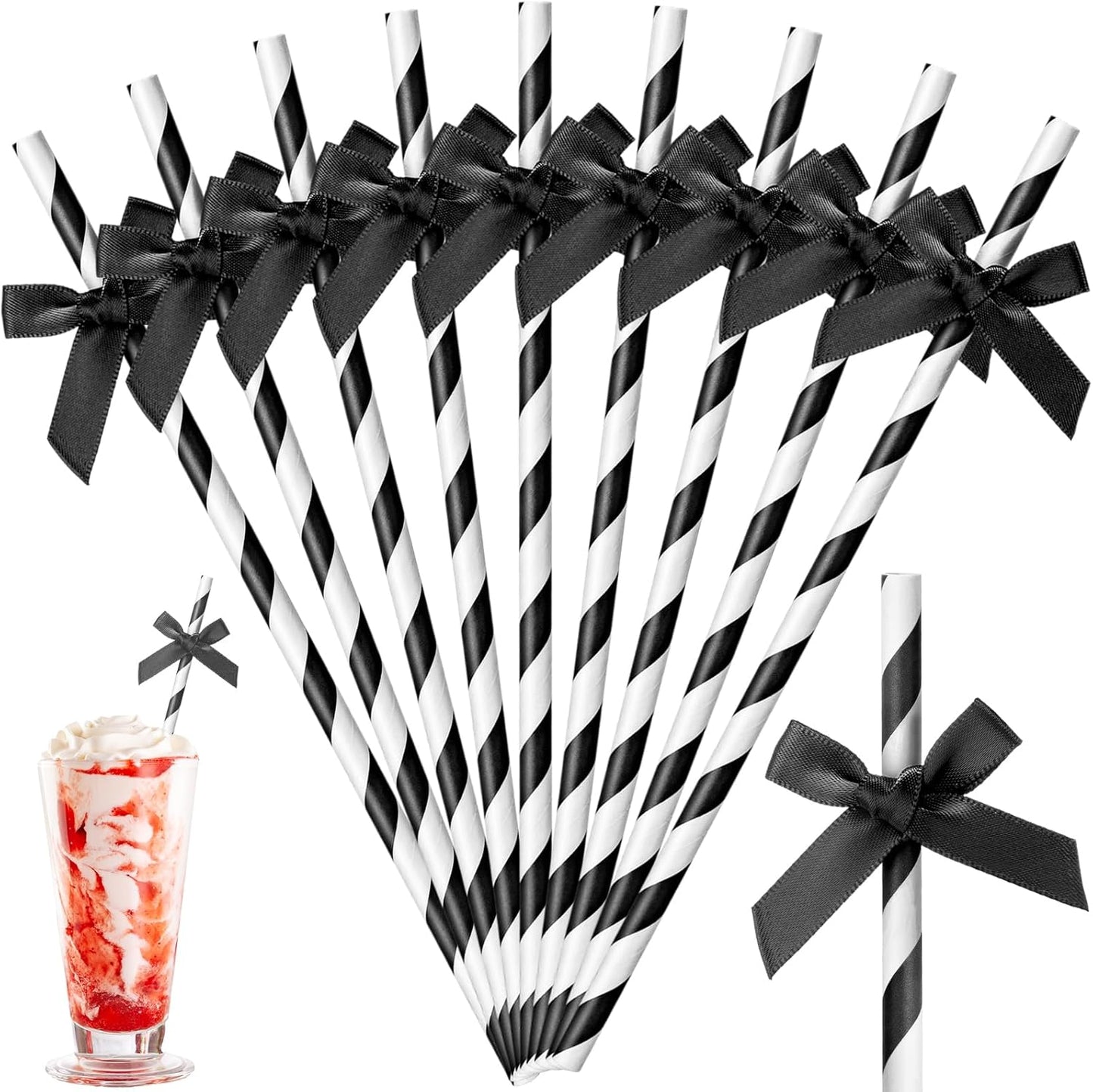 50 Pcs Black Bow Paper Straws for Drinking, Black and White Striped Straw Bulk Disposable Bachelorette Party Supplies for Wedding Birthday Baby Shower Party Decorations