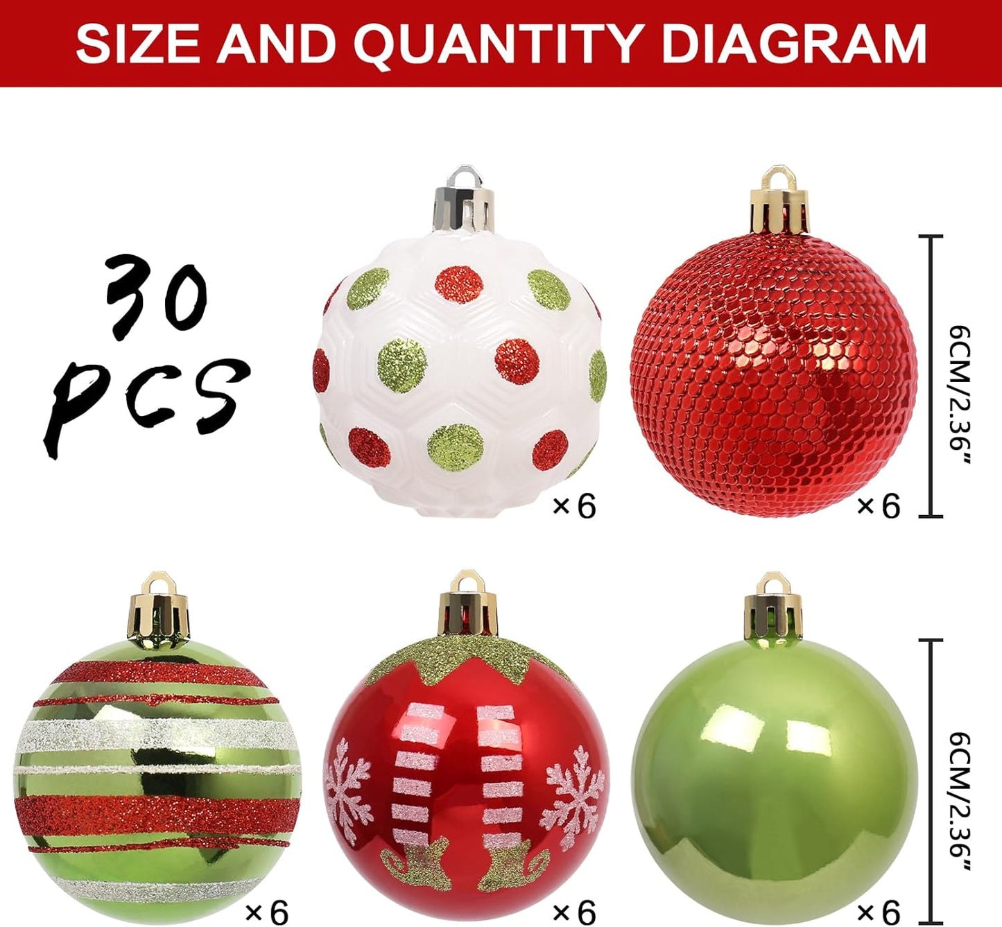 RoseCraft 30PCS Christmas Ornaments Set, 60MM/2.36" Red Green White Christmas Balls, Shatterproof Plastic Xmas Decorations for Christmas Tree Hanging Holiday Party Decor.