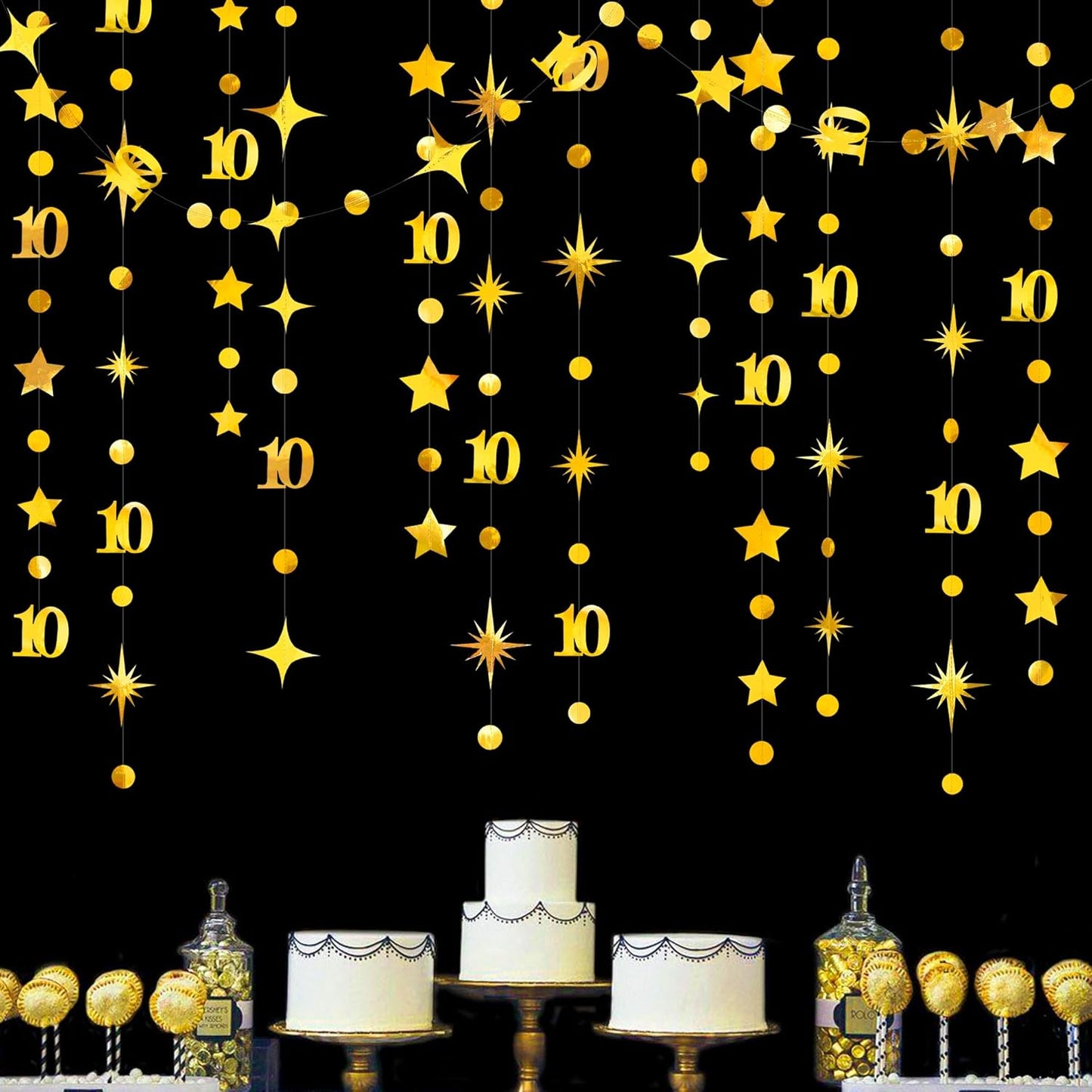 Gold 10th Birthday Decorations Number 10 Circle Dot Twinkle Star Garland Metallic Hanging Streamer Banner Backdrop for Girls Boys Double Digits Ten Year Old Birthday 10th Anniversary Party Supplies