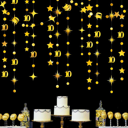Gold 10th Birthday Decorations Number 10 Circle Dot Twinkle Star Garland Metallic Hanging Streamer Banner Backdrop for Girls Boys Double Digits Ten Year Old Birthday 10th Anniversary Party Supplies