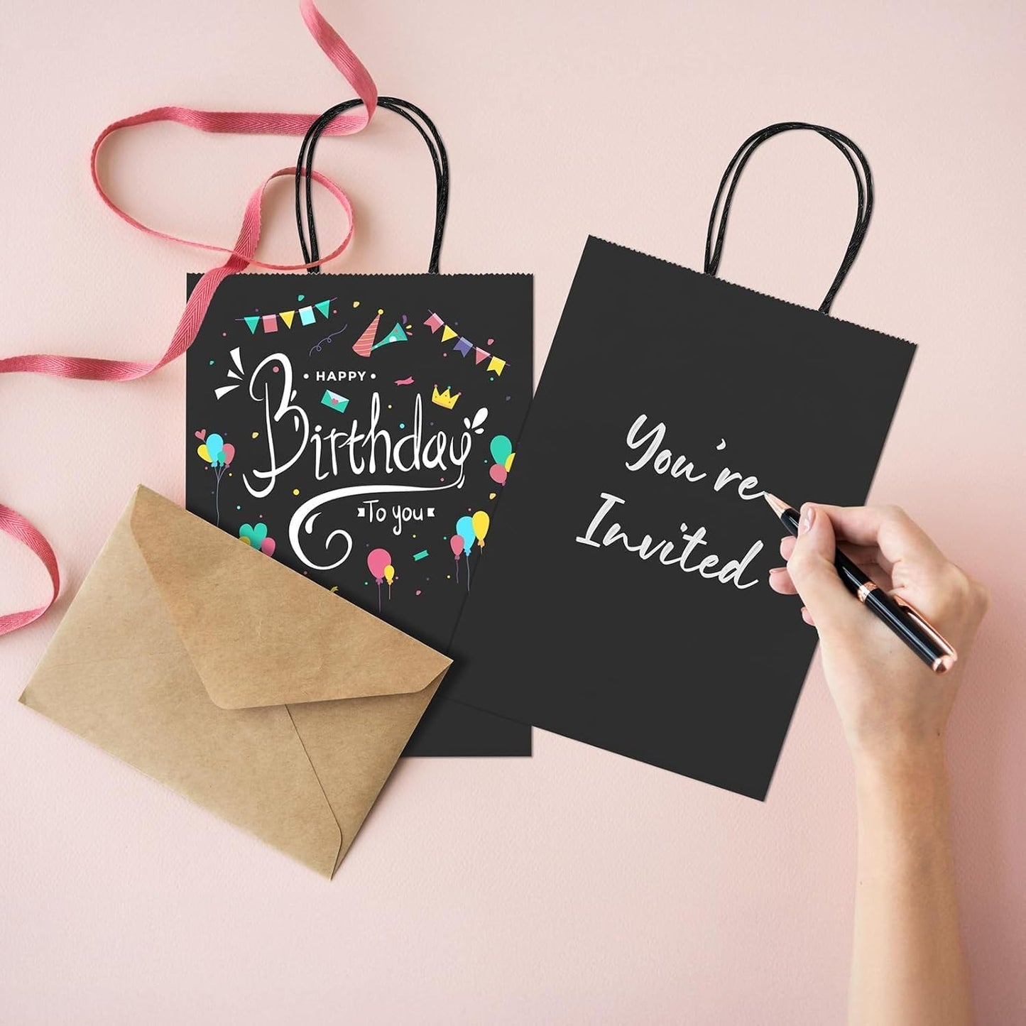 METRONIC Kraft Paper Gift Bags with Handles 5.25x3.75x8 Inch 20000 Pack | Christmas, Birthday Party Favors, Retail Shopping, Small Business Bulk | Black Gift Wrap Bag