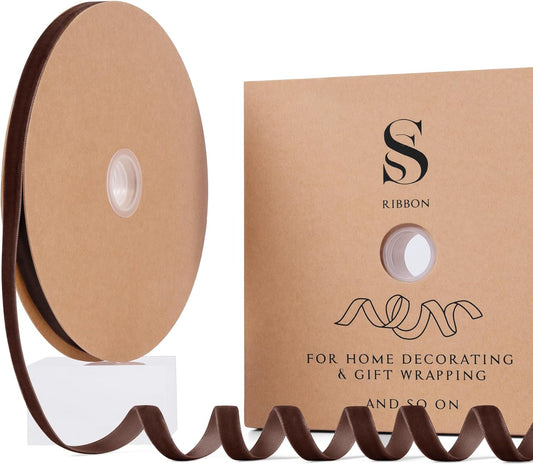 Brown Christmas Velvet Ribbon for Tree, Gift Wrapping, Flower Bouquet, Wreath Decorations, Bow Making 3/8'', 25 Yards