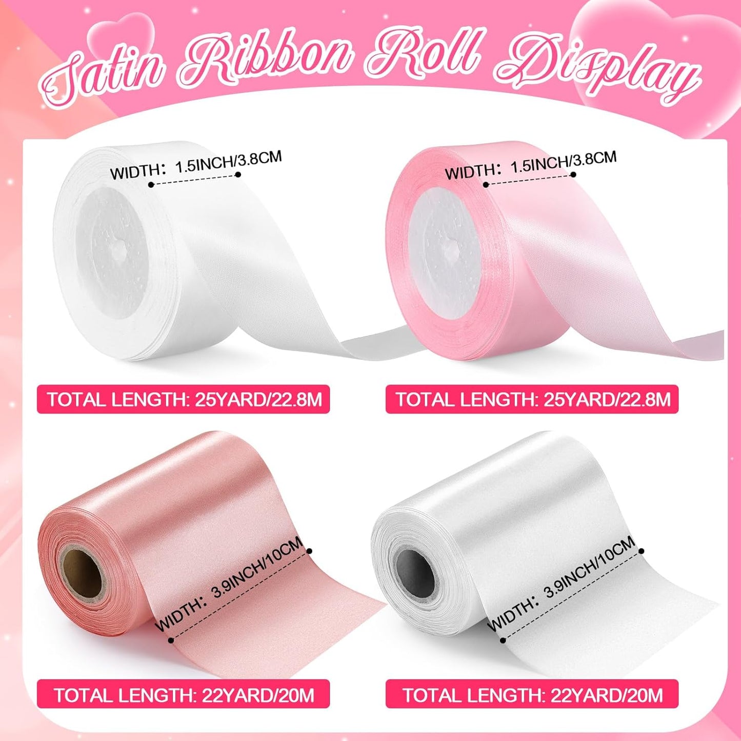6 Pcs Tulle Fabric Rolls & Ribbon Set, Include Pink White Tulle Fabric Rolls 6 Inch by 100 Yards 3.9'' /1.5'' White Pink Ribbon for Wedding Bridal Shower Birthday Party DIY Tutu Skirt