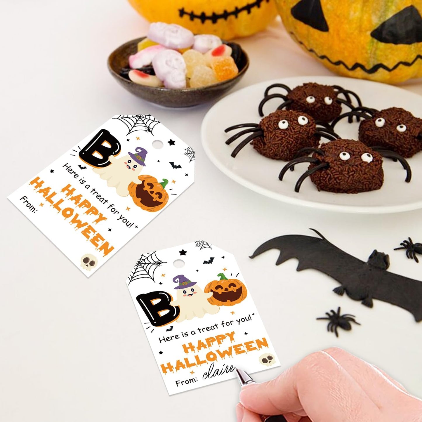 50pcs Boo Halloween Favor Tags, Halloween Class Gift Tags for Spooky Ghost Party Favor and Gift Wrapping Decoration (Happy)