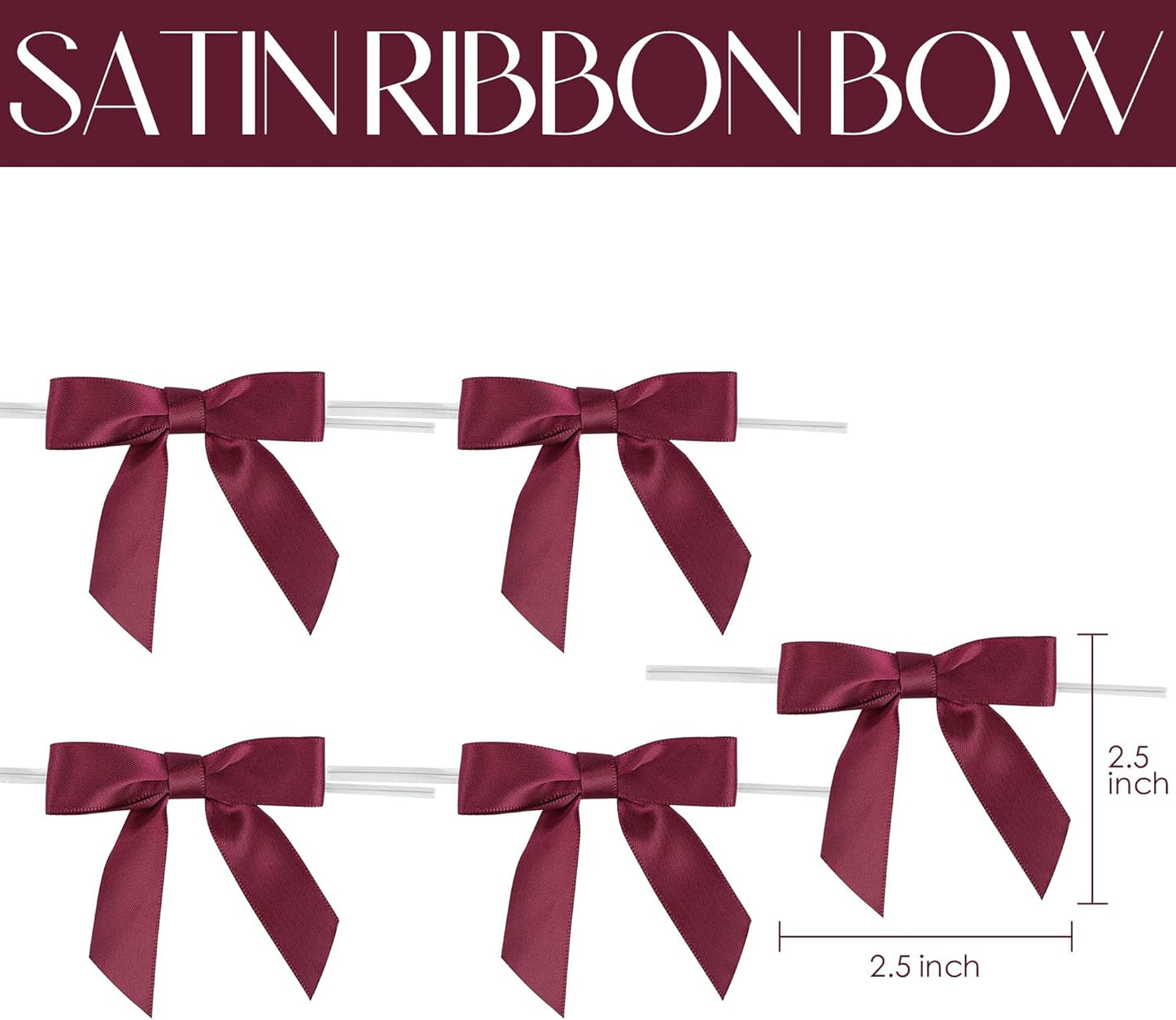 AIMUDI Burgundy Twist Tie Bows 2.5" Pre Tied Maroon Bows Premade Satin Gift Bows for Crafts Wine Bows for Treat Bags Gift Wrapping Wedding Baby Shower Party Favors Christmas Tree Decor - 50 Counts