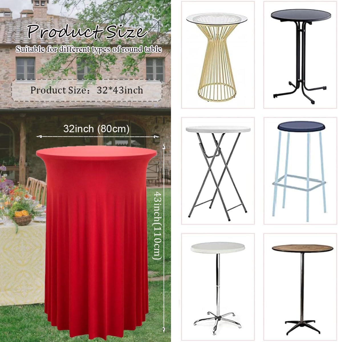 Albassa 2 Pack Cocktail Table Covers 32"x 43" Spandex Stretch Round Cocktail Tablecloths with Wavy Drapes Fitted High Top Bar Table Skirts for Wedding Party Banquet (Red, 2 PCS)