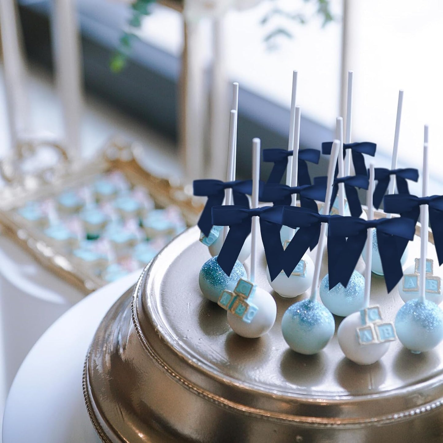 50Pcs Navy Blue Twist Tie Bows for Gift Wrapping 2.5" Satin Ribbon Bow for Treat Bags Cake Balloons Birthday Party Favors Wedding Decorations