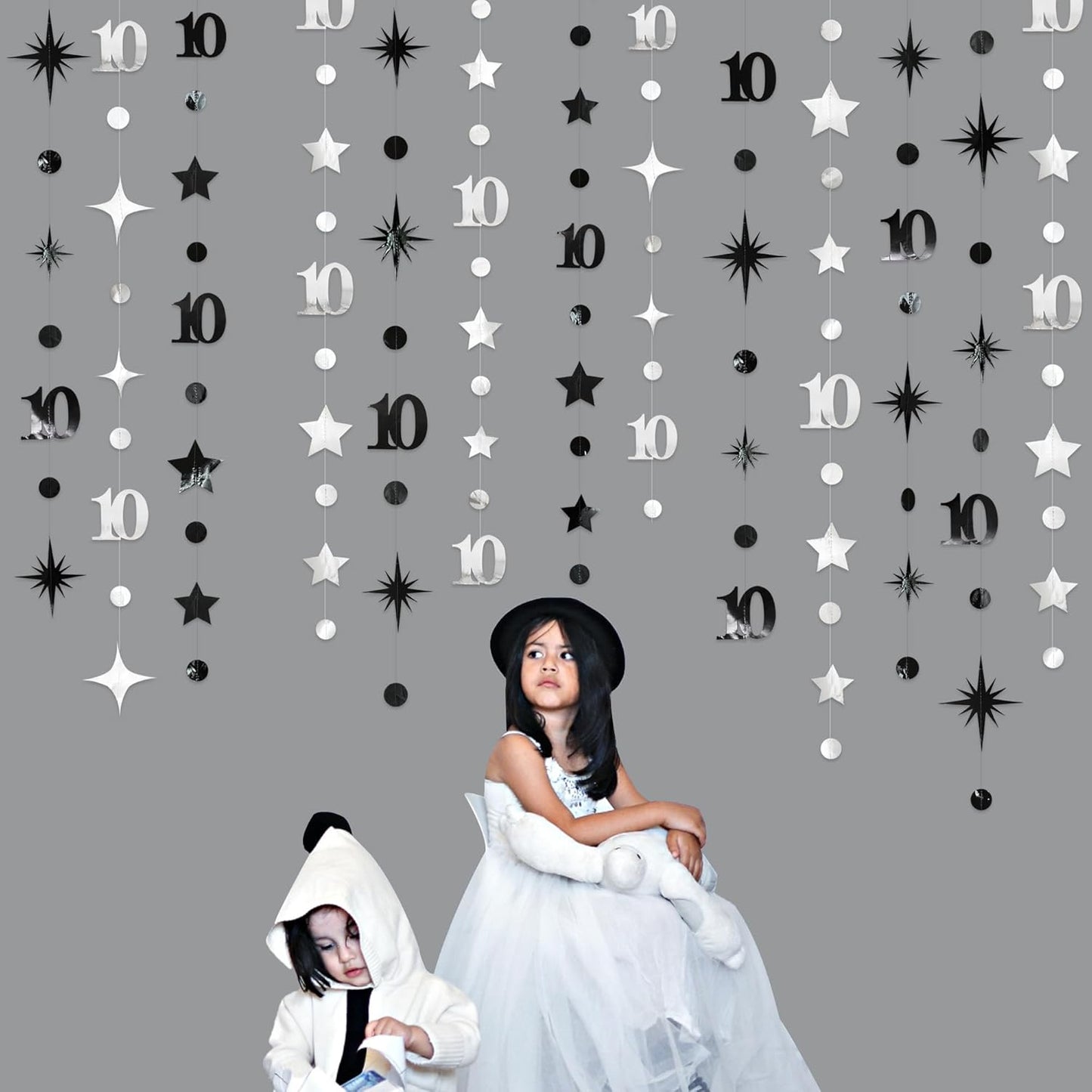 Silver Black 10th Birthday Decorations Number 10 Circle Dot Twinkle Star Garland Metallic Hanging Streamer Backdrop for Girls Boys Double Digits Ten Years Old Birthday 10th Anniversary Party Decor