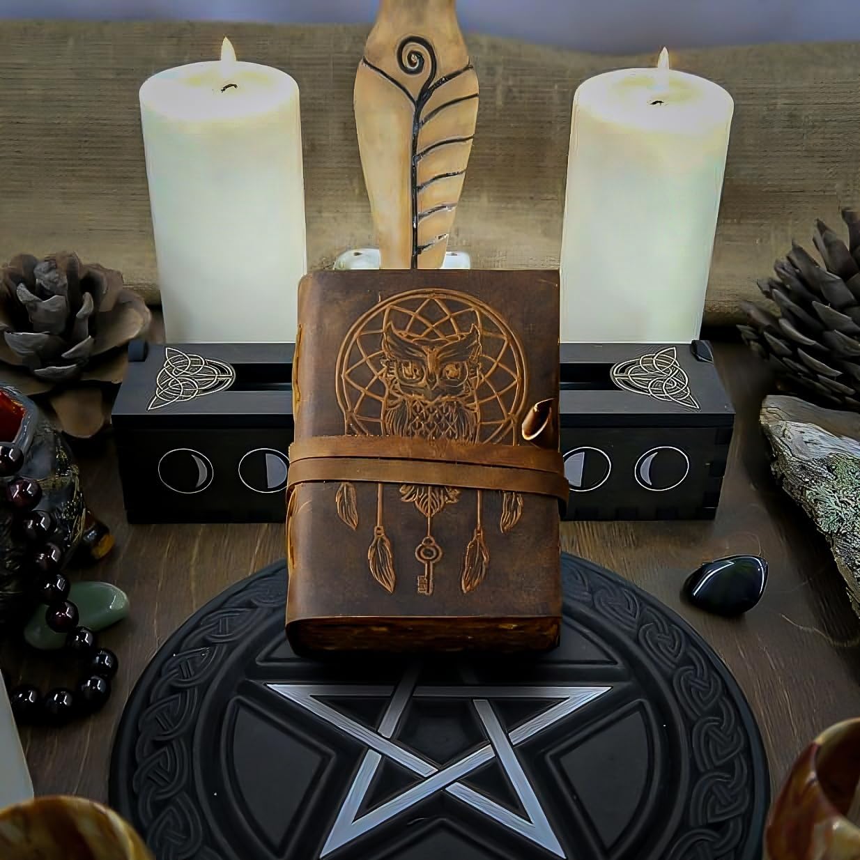 Urooj Handicraft 400 Page Book Of Shadows journal blank dream catcher with owl leather witchcraft books grimoire spell sketchbook college poetry personal notebooks (Owl 2)