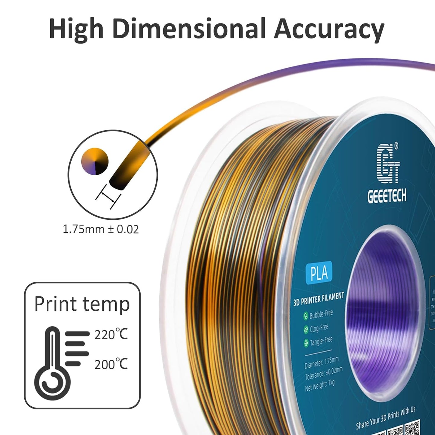 Geeetech Silk PLA Tri Color Filament 1.75mm 3D Printer Filament, Coextrusion Purple Gold Black Tri-Colors Metal-Like Shiny Silk PLA Filament, 1kg (2.2lbs) 1 Spool, Dimensional Accuracy +/- 0.02 mm