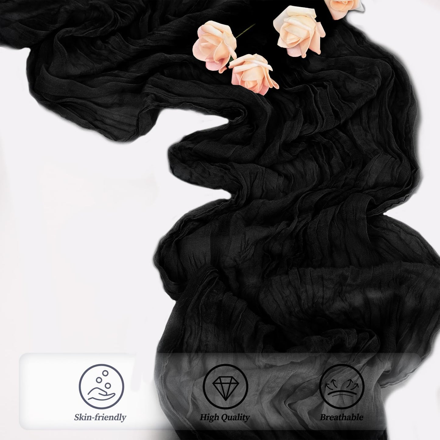 10FT 12 Pack Black Cheesecloth Table Runner 20 x 120 Inch Long Boho Fabric Rustic Cheese Cloth Table Runner for Wedding Bridal Shower Baby Shower Gauze Sheer Birthday Party Table Decorations