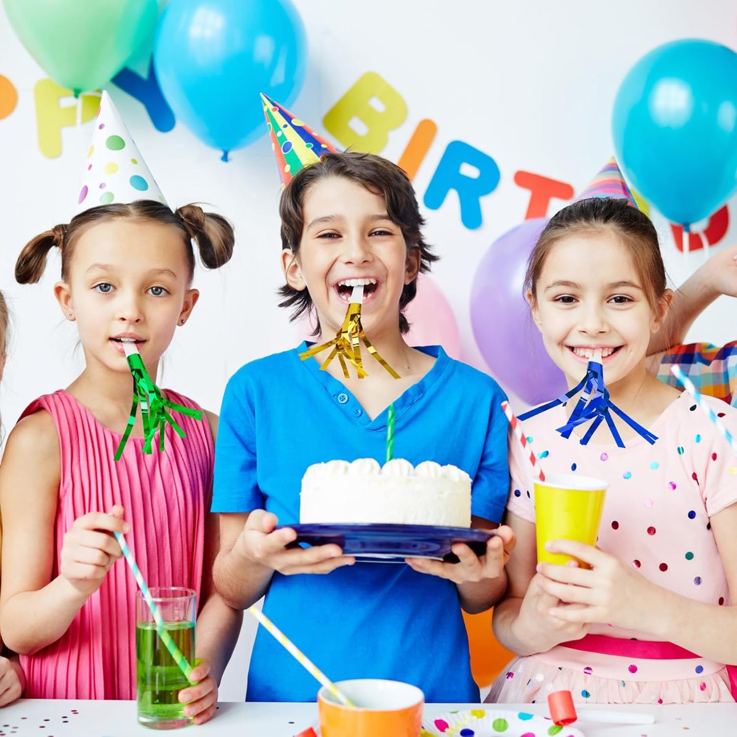 Party Blowers, 24 PCS New Years Noise Makers, Glitter Metallic Fringed Party Blowouts for Kids Birthday Graduations, Colorful Blow Horns Whistles for Christmas Weddings Family Sporting Events Supplies