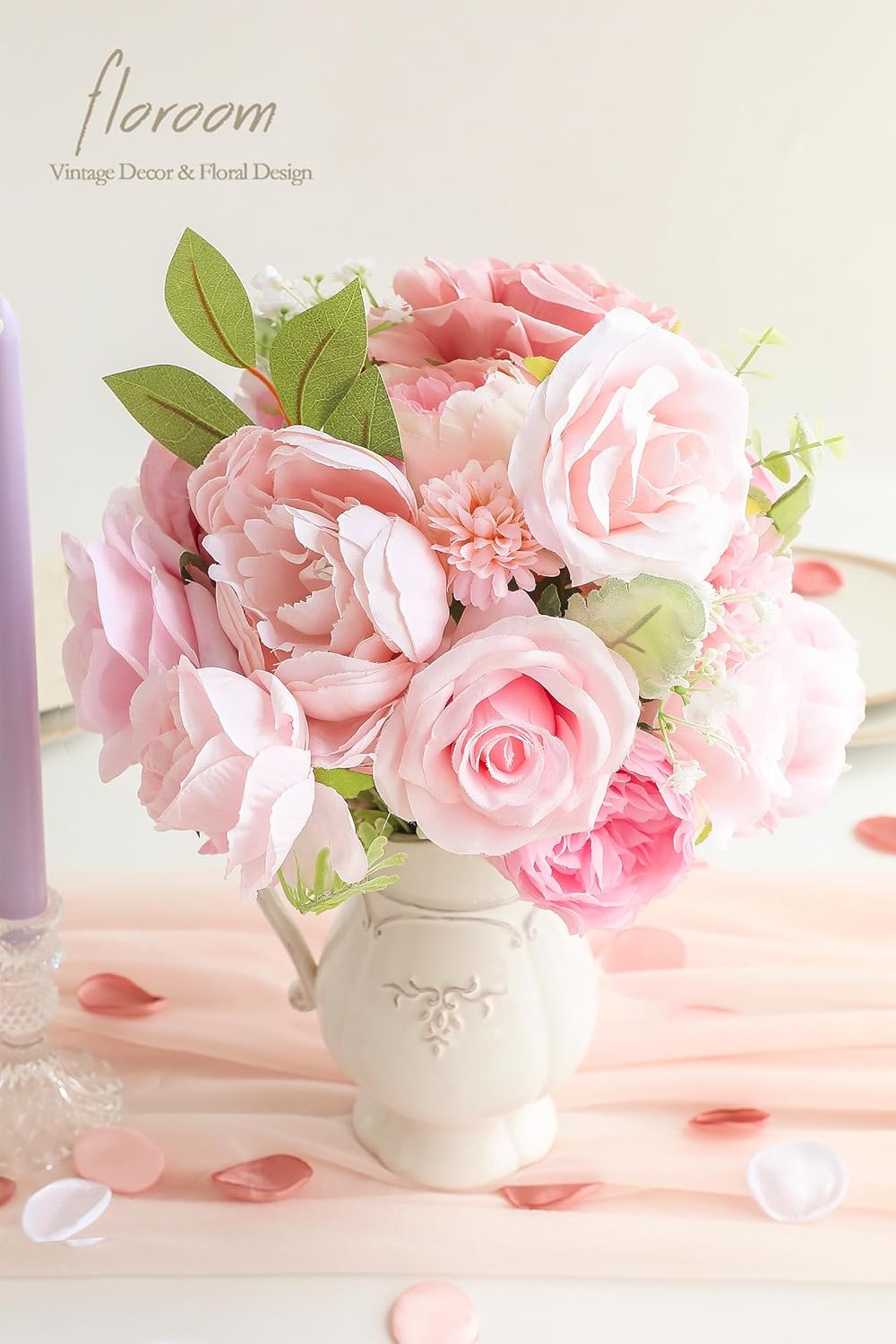 Floroom Blush Artificial Flowers Fake Roses Peonies Dahlia and Greenery Combo Box Set for DIY Pink Wedding Bouquets Bridal Shower Centerpieces Floral Arrangements Party Tables Home Decorations