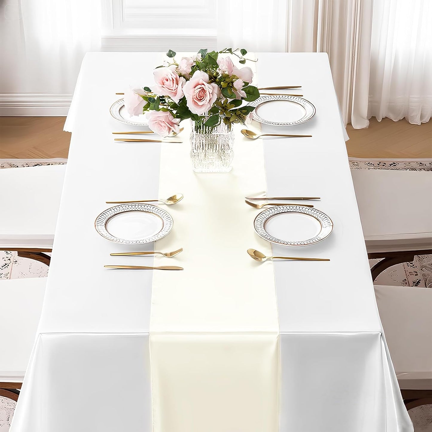 SHEJIZE 2 Pack White Satin Table Runner 12x108 Inches Long, Bright Silky Smooth Satin Table Runner Table Decor for Wedding Banquet Christmas Prom Event Birthday Party