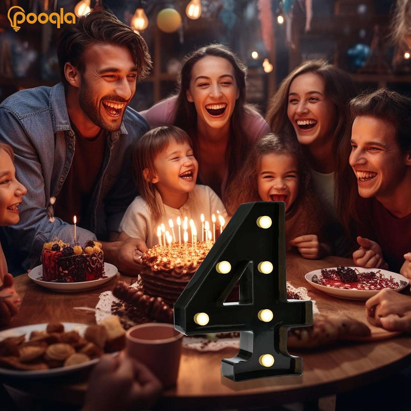 Pooqla Light Up Numbers, Lighted Marquee Number Sign for 4th Birthday Party Decor, Battery Powered LED Number Lights for Party Decor, Lights Sign for Wall Home Anniversary, Decoration 4