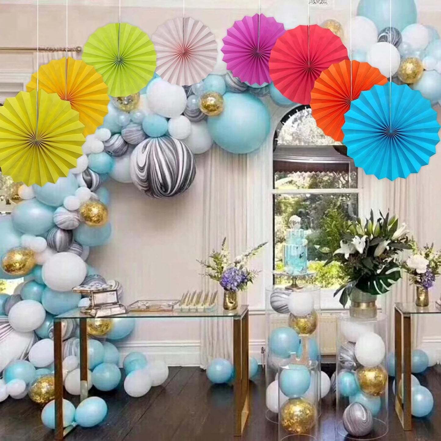 BARTHEW Green Graduation Party Decor, Tropical Party Decorations, 12in Hanging Paper Fans 30 Color DIY Set (Clear Green)