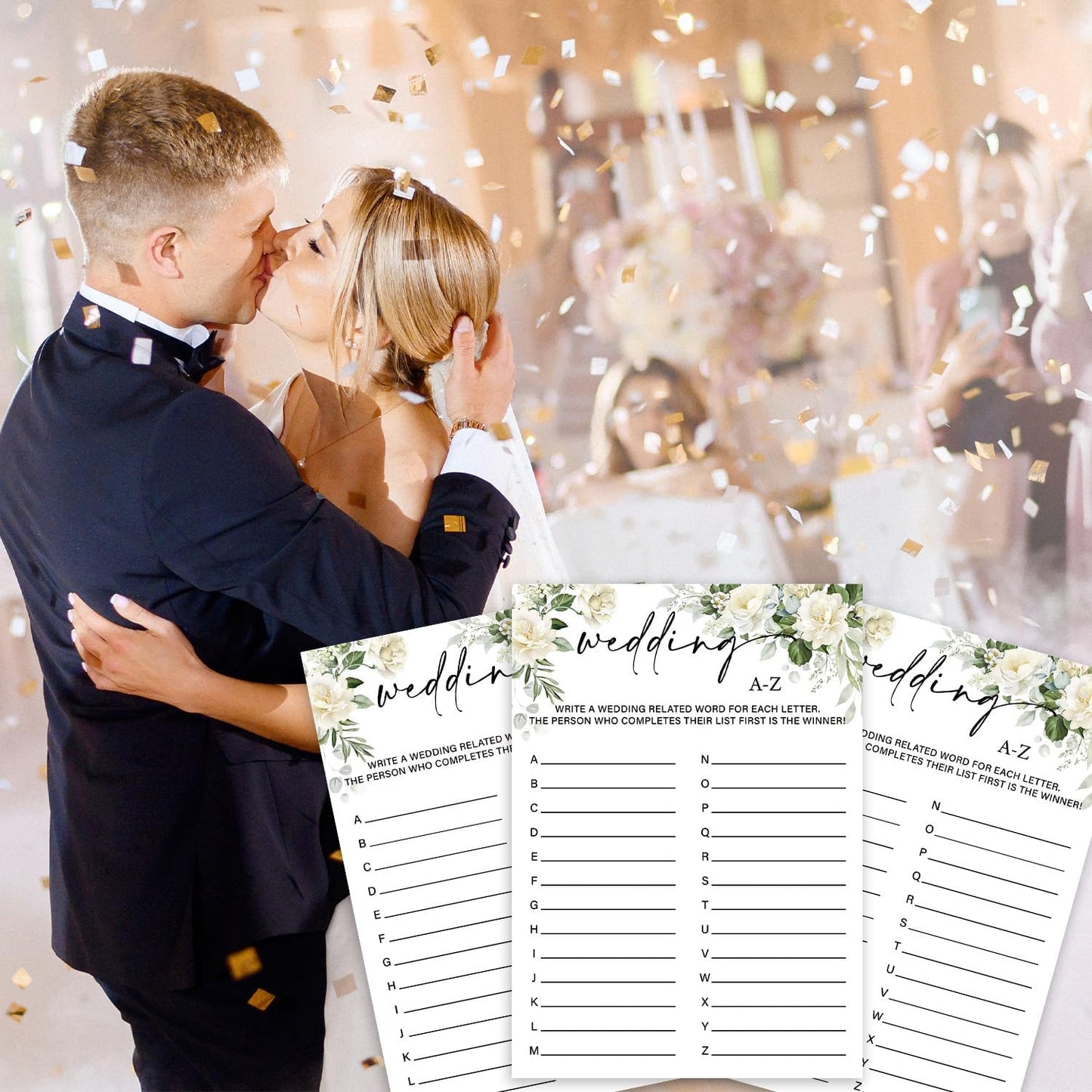 Eucalyptus Bridal Shower Games 30 Guests, Wedding A-Z Bridal Games for Showers, White Rose Wedding Engagement Party Activity Party Supplies/Green-02