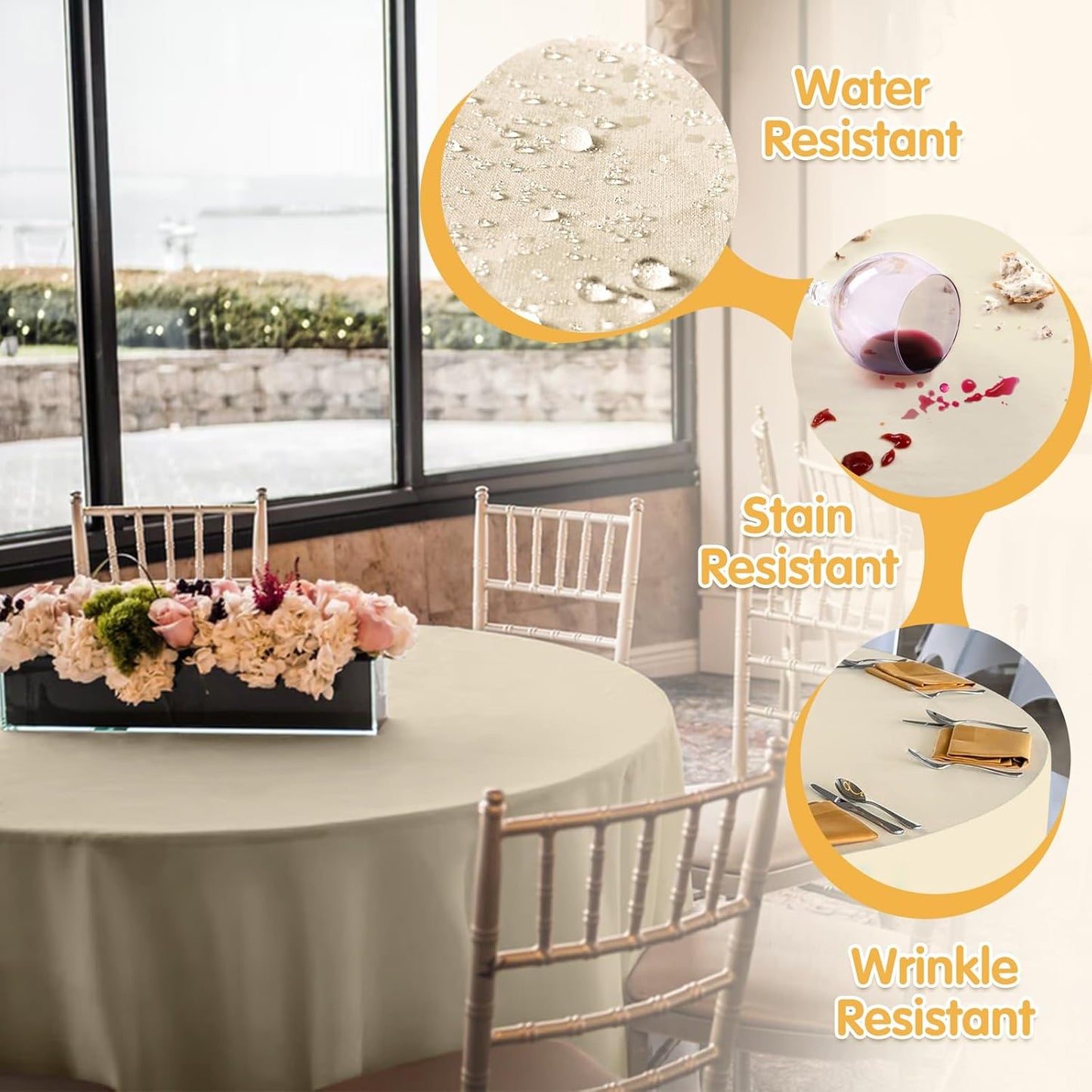 BRILLMAX 4 Pack Beige Round Tablecloths 108 Inch - Circle Bulk Linen Polyester Fabric Washable Table Cloth Cover for Wedding Reception Banquet Birthday Party Buffet Restaurant