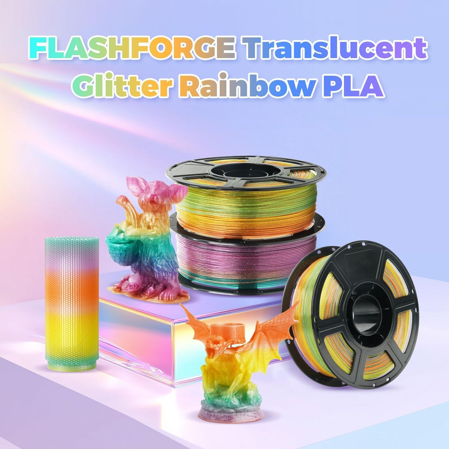 FLASHFORGE Translucent Glitter PLA Crystal Summer Reverie Rainbow Filament, Shiny Sparkling Gradient 3D Printer Filament, Fast Color Change Between Green Yellow Orange Purple, Adjustable Transparency