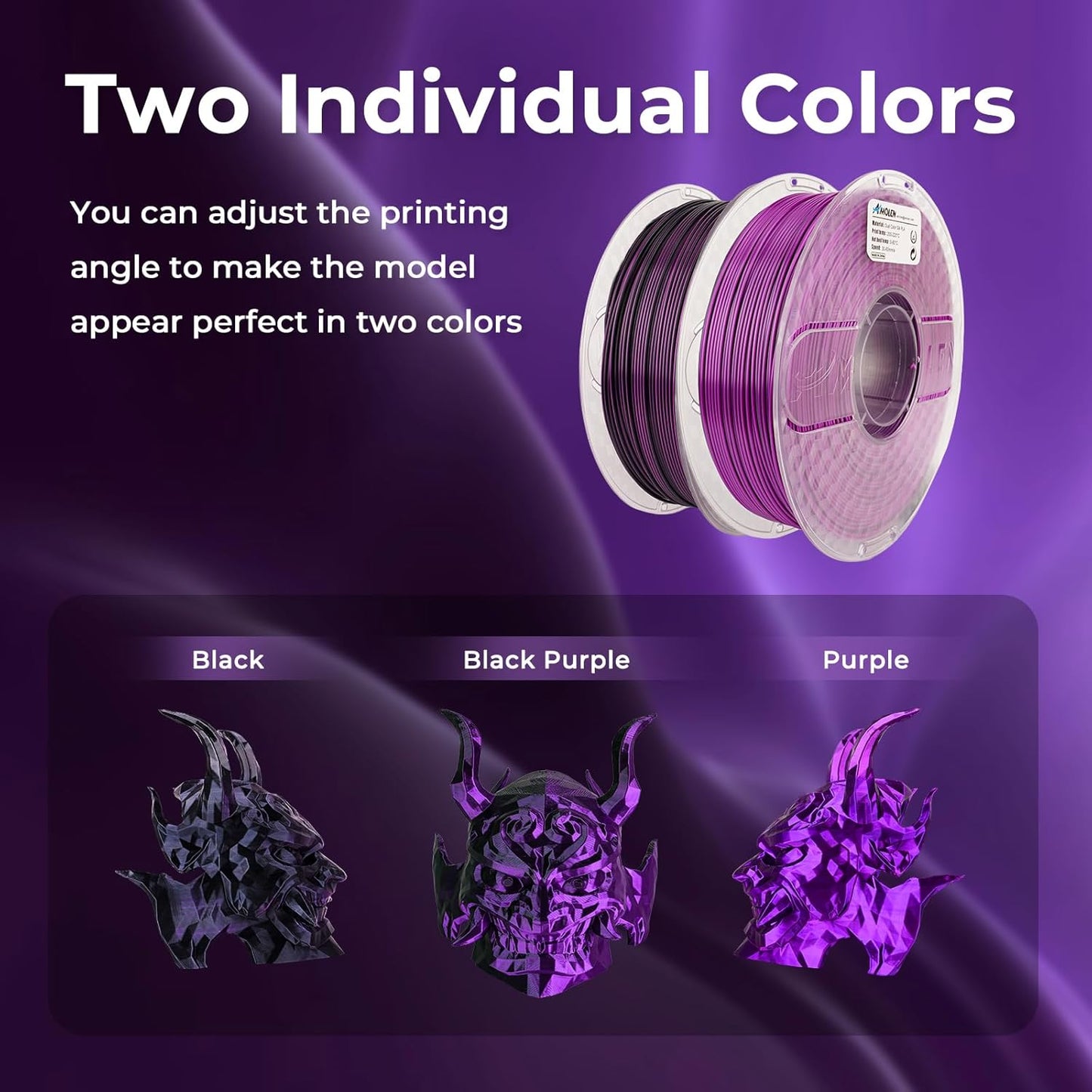 AMOLEN Silk PLA 3D Printer Filament, Dual Color PLA 1.75mm Shiny Color Change Filament 3D Printing PLA Filament for Most FDM 3D Printer, 1kg Spool(2.2lbs), Black Purple