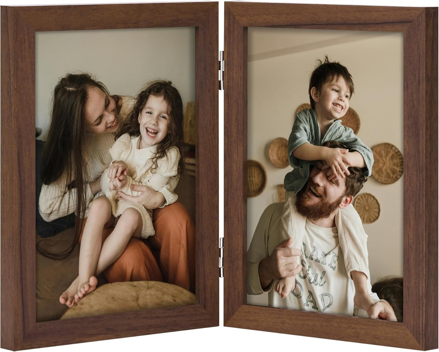 decorUhome Double 5x7 Picture Frame Vertical, Engineered Wood Bifold Photo Frame with Plexiglass for Tabletop Display, 5x7, Brown
