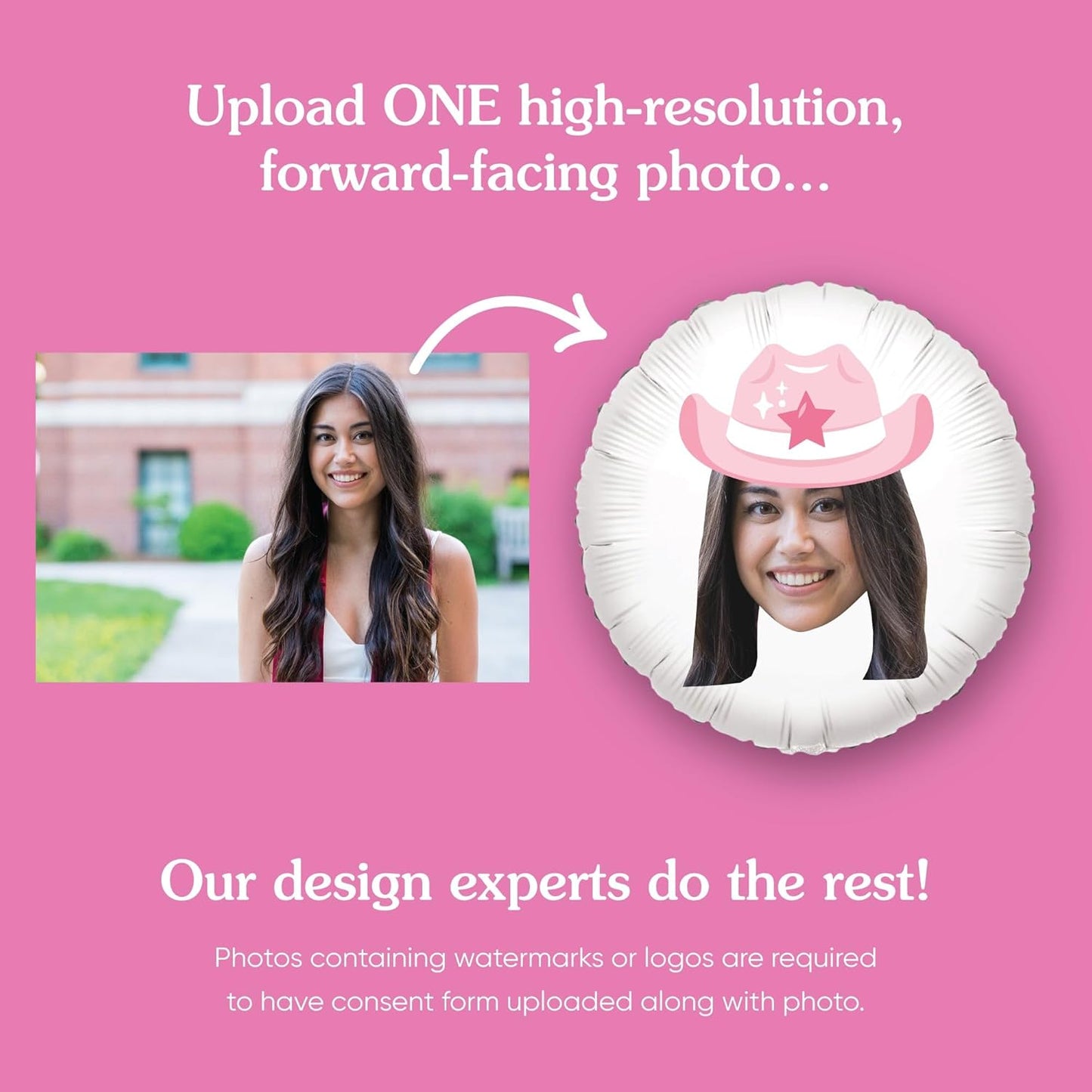 Big Dot of Happiness Personalized Pink Rodeo Cowgirl Fun Face Photo Balloon, Western Bachelorette or Birthday Party Decorations, Custom Double-Sided Circle Mylar, 1 Piece