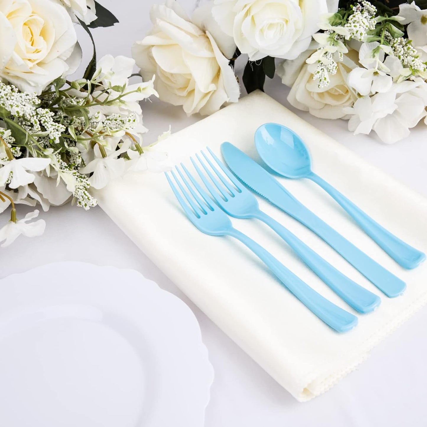 WDF 160 Piece Blue Plastic Silverware - Heavy Duty Blue Silverware Includes 80 Forks, 40 Spoons, 40 Knives, Disposable Plastic Utensils Perfect for Wedding, Graduation, Party