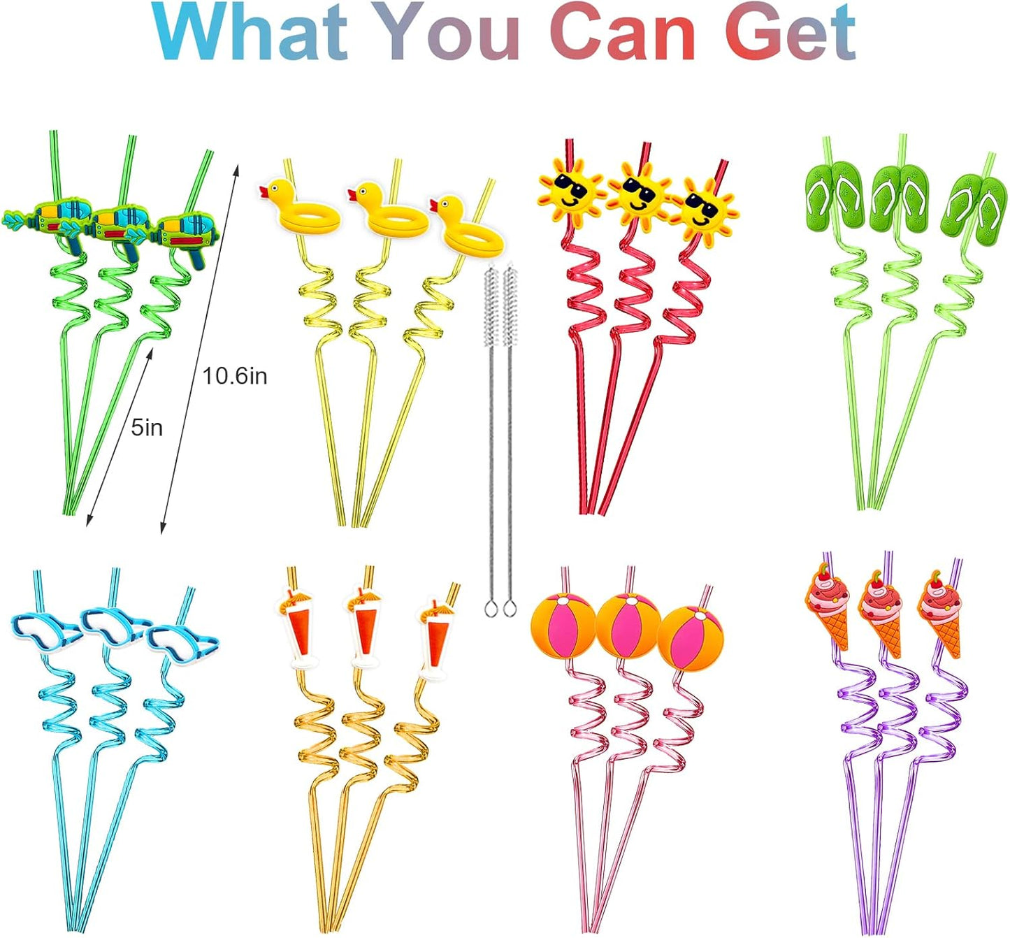24Pcs Beach Drinking Straws Beach Ball Pool Summer Birthday Party Supplies Decorations with 2Pcs Cleaning Brushes