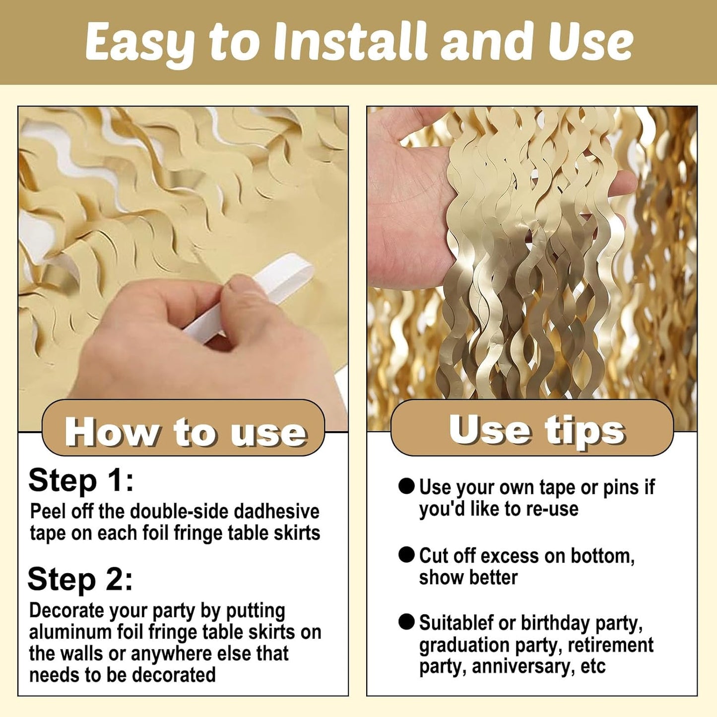 6 Pack 29x108 Inch Champagne Gold Wave Foil Fringe Table Skirts Metallic Banner for Tinsel Streamer Garland Backdrop for Parade Floats Wedding, Mother's Day, Birthday Mardi Gras Party Decorations