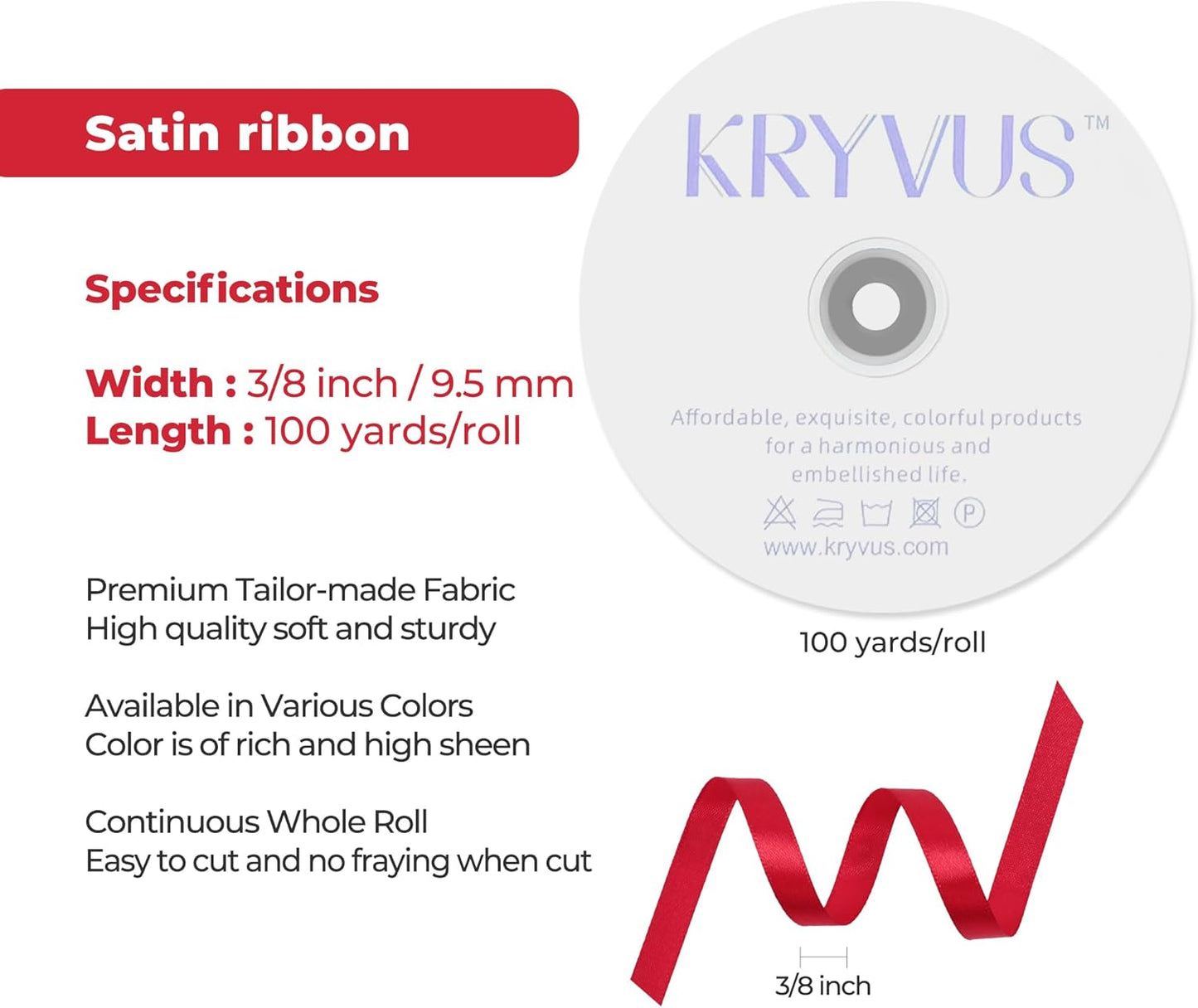 Red Satin Ribbon 3/8 inch X Continuous 100 Yards, Single Face Polyester Ribbon Perfect for Gift Wrapping, Flower Bouquet, Wedding Decor, Crafts, Bow Making, Sewing and More