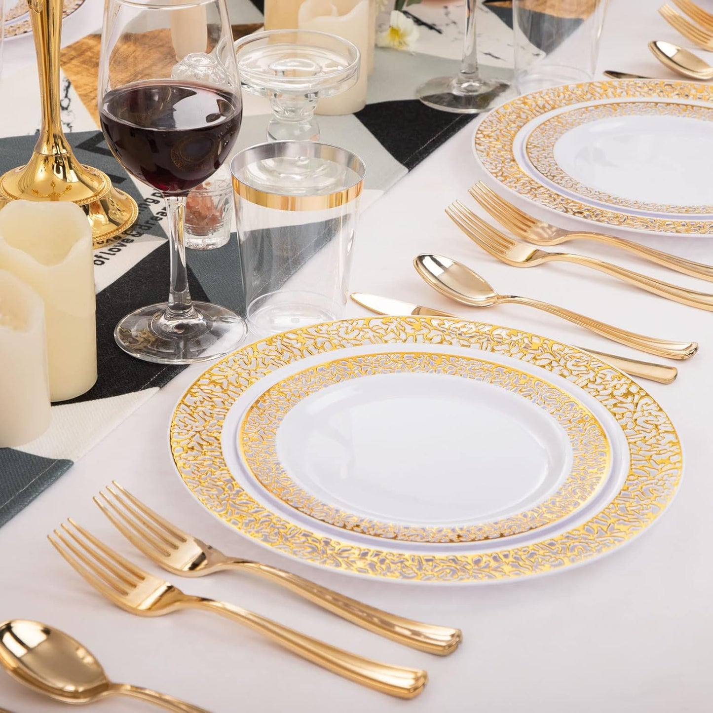 WELLIFE 175 PCS Gold Plastic Plates, Gold Rim Plastic Dinnerware Set, Includes: 25 Dinner plates, 25 Salad Plates, 25 Tumblers 9oz, 50 Forks, 25 Knives and 25 Spoons for Party