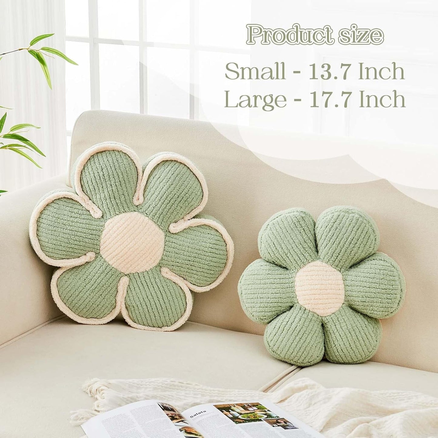 Flower Pillow, Soft Flower Decorative Throw Pillow, Cute Daisy Flower Shaped Seating Floor Cushion Room Décor Plush Pillows for Sofa Couch Bed (13.7 Inch, Sage Green)