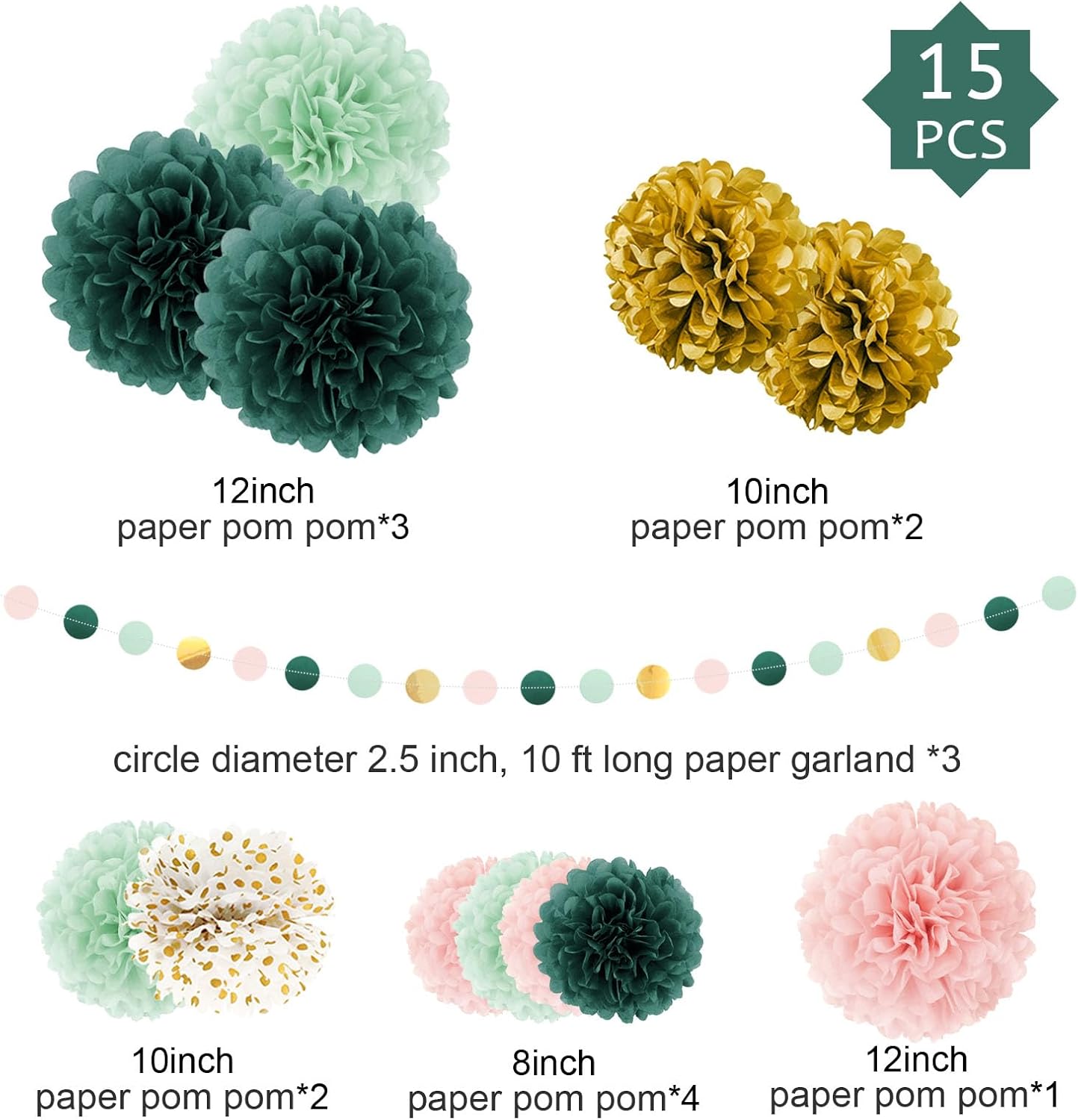 AOBKIAT Wedding Birthday Party Decorations Set,15PCS Sage Green Pink Tissue Paper PomPoms Circle Dots Paper Garland String Hanging Backdrop for Baby Shower, Boho Bridal Wedding Theme Decor