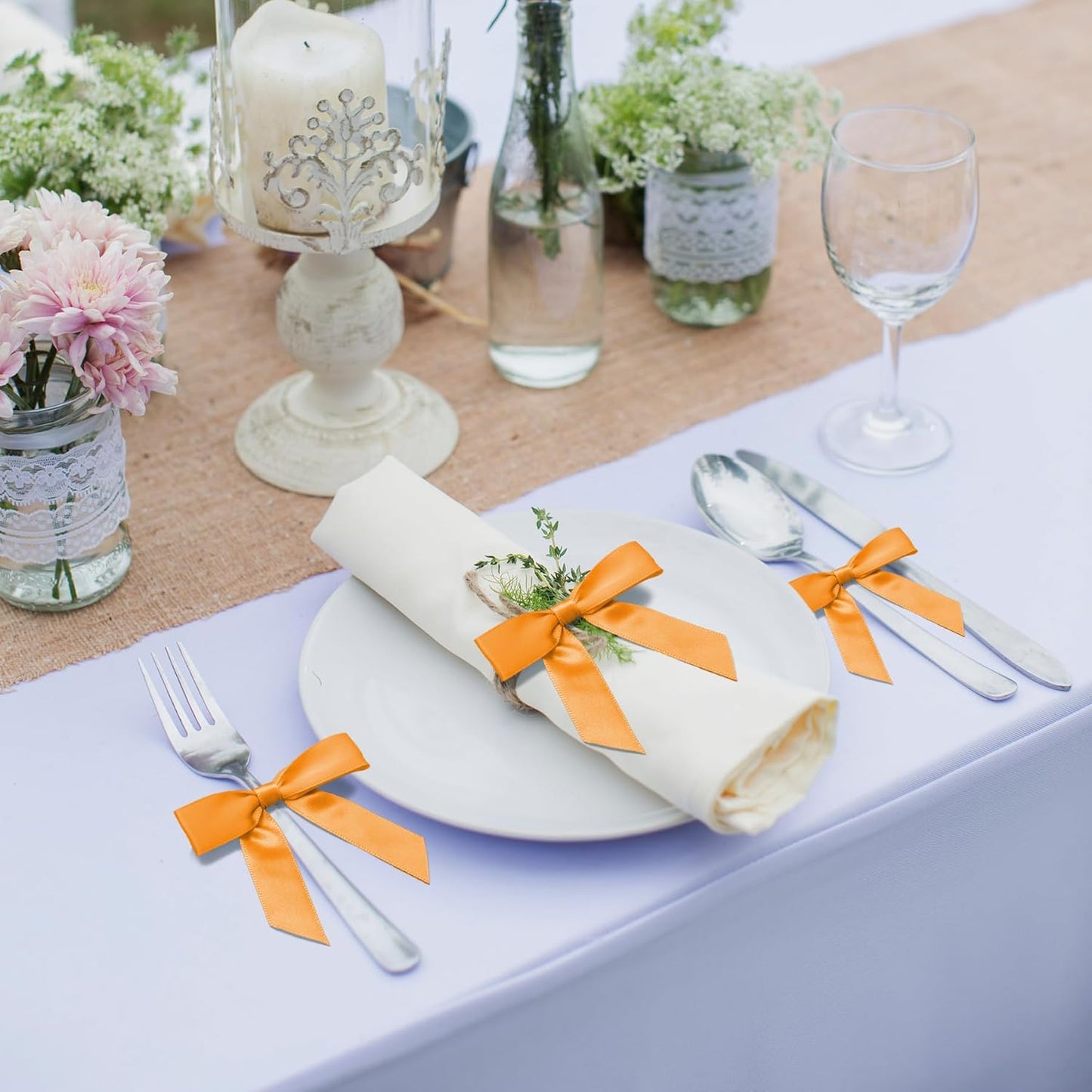 50Pcs Orange Twist Tie Bows for Gift Wrapping 2.5" Satin Ribbon Bow for Treat Bags Balloons Birthday Party Favors Wedding Decorations