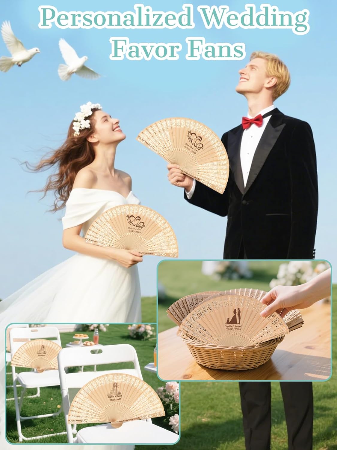 50Pcs Personalized Folding Hand Fans Custom Engraved Summer Wedding Fans,Personalized Wooden Fans Party Favor Bridal Shower Gifts for Guests