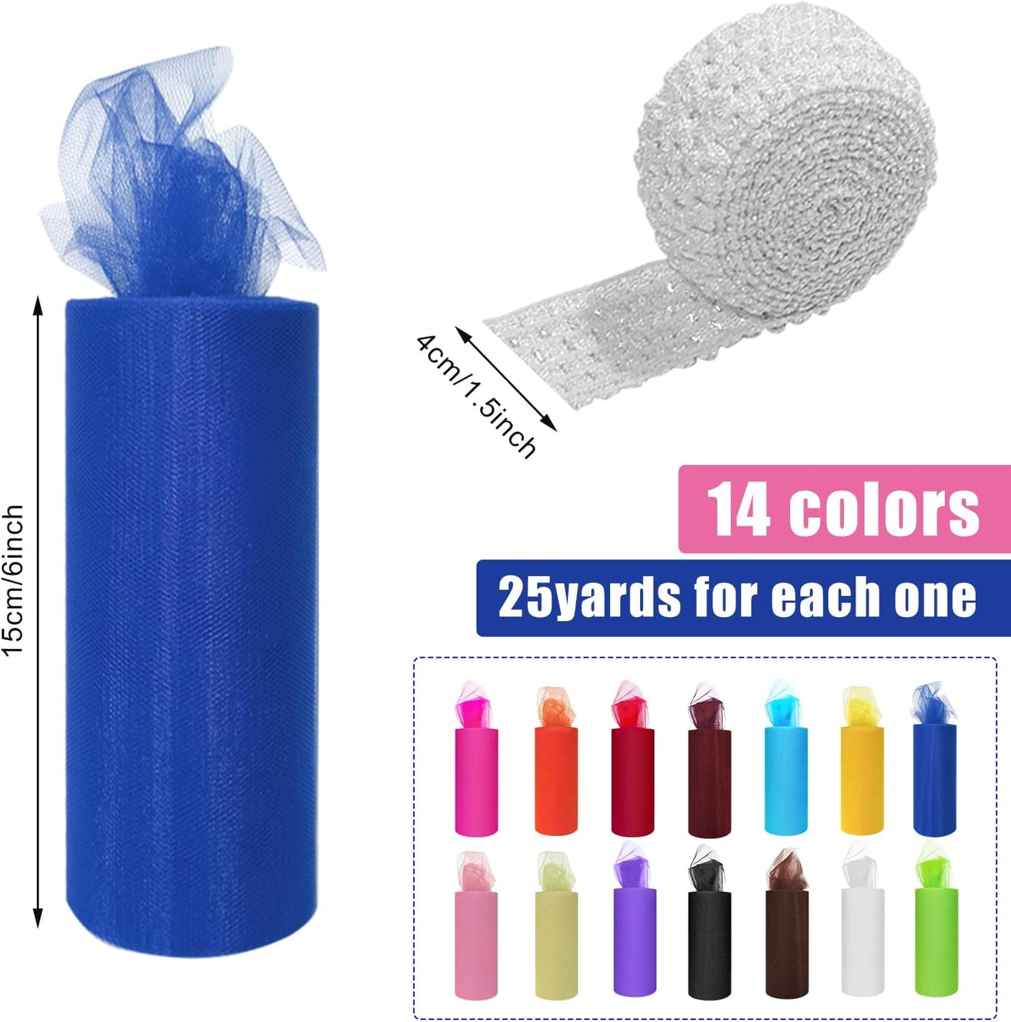 14 Colors Tulle Rolls 6” by 25 Yards(75 Feet) Rainbow Fabric Spool Tulles Ribbons for Tutu Skirt Table Skirt Party Wedding Decorations