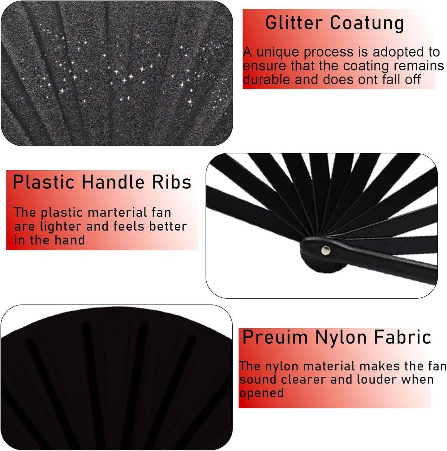Glitter bling Large Folding Fan-Hand Fan Rave Clack Popping Fan for Line Dancing Clacking Fans for Boots On The Ground Dance, Party for EDM, Music Festival, Hot Flashes, Party, Decoration(1pcs black)