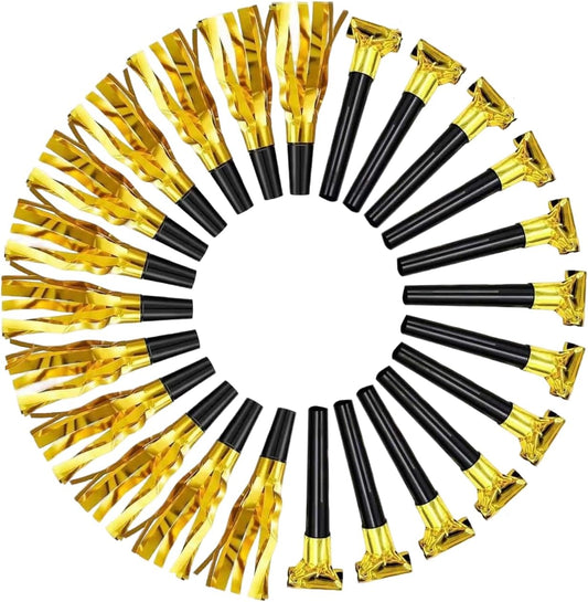 24pcs Party Blowers,Gilding Noisemakers Party Blowouts Squawkers Fringed Noise Maker,Birthday Noisemakers Birthday Blow Horns Party Whistles (Black and gold)